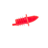 A bright red TableCraft Products Free Flow Pourer with a ribbed, conical base and a tapered spout is designed to fit into bottle necks for controlled pouring of liquids, shown isolated on a white background. Perfect for Cash & Carry use.