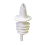 A white plastic pourer from TableCraft Products, featuring a tapered spout, flat circular rim, and ribbed lower section for a secure fit in bottles. This Free Flow Pourer is set against a plain white background.