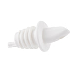 A white TableCraft Products Free Flow Pourer with a ribbed stopper, circular flange, and tapered spout. This plastic pourer ensures controlled pouring and fits bottle openings securely. The image is on a plain white background.