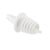 A white plastic pourer by TableCraft Products with a ribbed, tapered body, circular flange, and narrow spout. This Free Flow Pourer fits bottle openings to control liquid flow. Photographed on a plain white background.