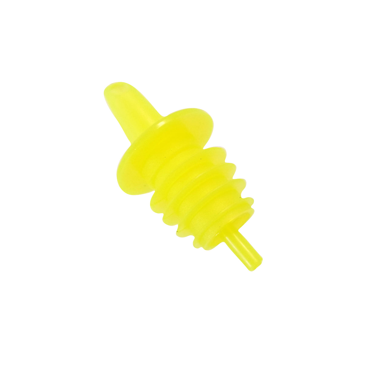 A bright yellow, ribbed silicone earplug with a flared disc at the base and a tapered tip, photographed on a plain white background. The ridged body offers a secure fit, similar to TableCraft's Free Flow Pourer design.