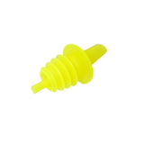 A bright yellow Economy Pourer with a ribbed, tapered design and a flared circular collar, isolated on a white background. This Free Flow Pourer is typically used to control liquid flow from bottles.