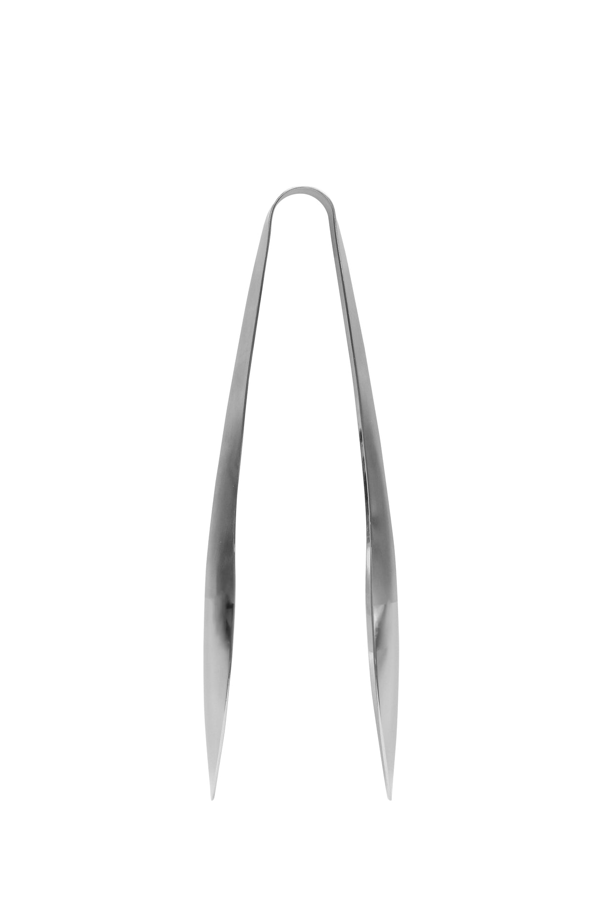 A pair of shiny, minimalist Dalton II Collection Tong Server by TableCraft Products, crafted from stainless steel with elongated, slightly curved arms and a rounded top, is displayed against a plain white background.