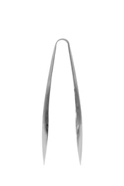 A pair of shiny, minimalist Dalton II Collection Tong Server by TableCraft Products, crafted from stainless steel with elongated, slightly curved arms and a rounded top, is displayed against a plain white background.