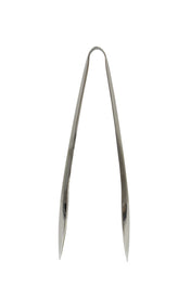 A pair of stainless steel tong server from the Dalton II Collection is shown against a white background. With a sleek, simple design and slightly curved, tapered ends, these tongs are both stylish and dishwasher safe.