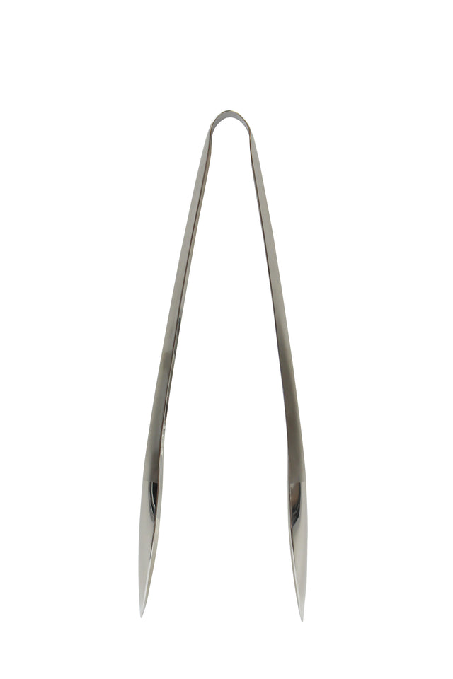 A pair of stainless steel tong server from the Dalton II Collection is shown against a white background. With a sleek, simple design and slightly curved, tapered ends, these tongs are both stylish and dishwasher safe.