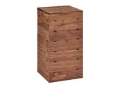 A rectangular, vertical walnut cabinet with a natural wood grain finish. It features five drawers with small rectangular finger slots as handles, showcasing a minimalist, modern design with clean lines and subtle mid-century appeal.