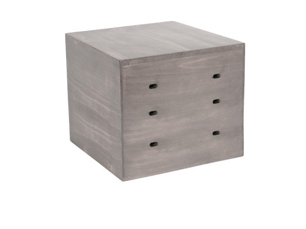 A square, gray wooden Aspen Crate Riser with three horizontal drawer handles visible on its front side. The smooth, matte finish adds elegance, and the box—crafted by Cal-Mil—rests against a plain white background.