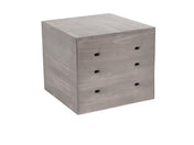 A square, gray wooden Aspen Crate Riser with three horizontal drawer handles visible on its front side. The smooth, matte finish adds elegance, and the box—crafted by Cal-Mil—rests against a plain white background.