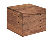 A square, walnut wooden box with a smooth finish and visible grain. Three horizontal segments hint at drawers or nesting layers. The plain white background highlights the rich color and Mid-Century Crate Riser-inspired modern design.