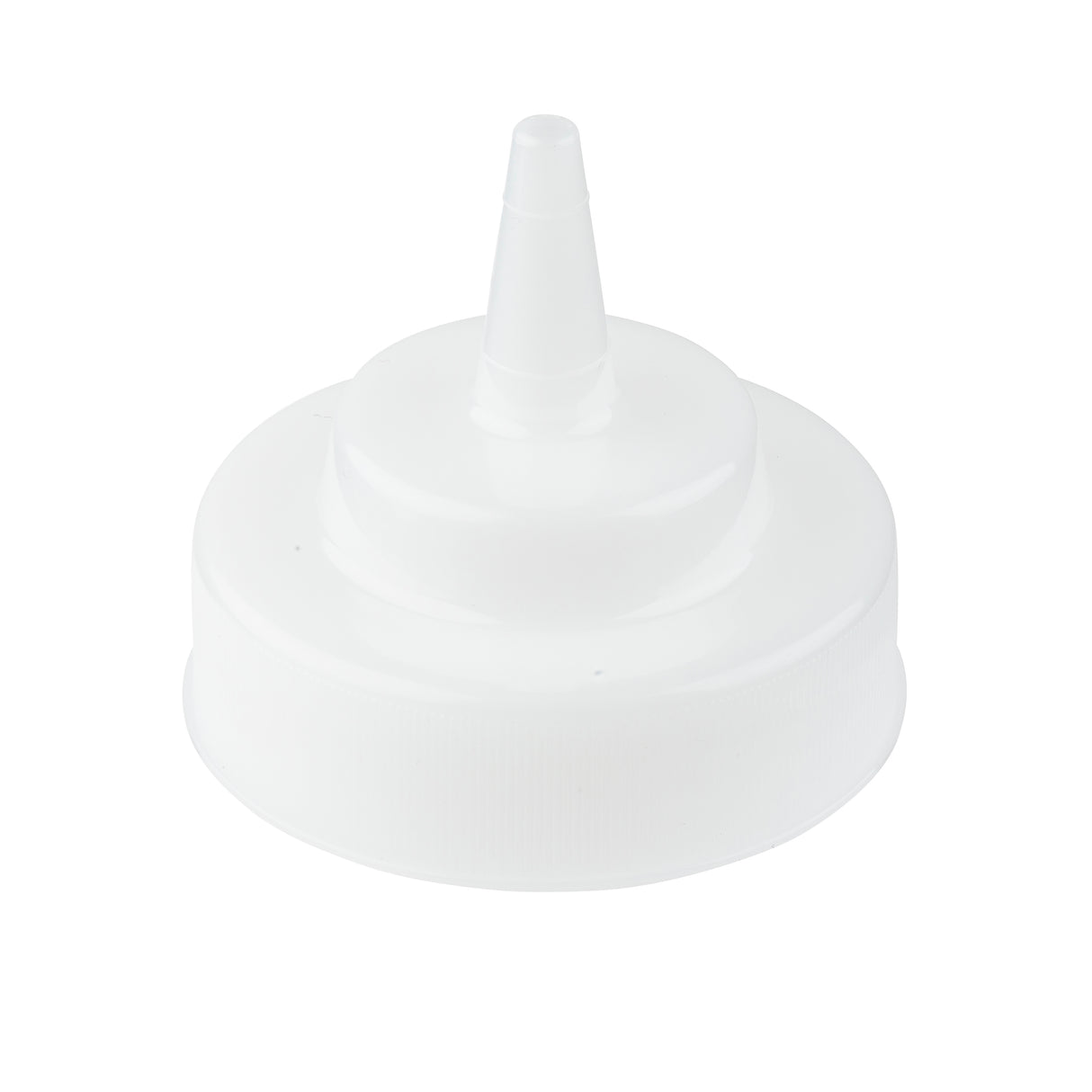 A white plastic bottle cap with a pointed nozzle tip, designed for controlled dispensing of liquids. Compatible with 63mm WideMouth squeeze bottles, it features ridged edges for grip and is dishwasher safe, set against a plain white background.