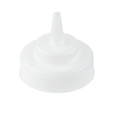 A white plastic bottle cap with a pointed nozzle tip, designed for controlled dispensing of liquids. Compatible with 63mm WideMouth squeeze bottles, it features ridged edges for grip and is dishwasher safe, set against a plain white background.