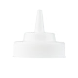 A white plastic squeeze bottle cap, NSF certified and dishwasher safe, with a pointed nozzle. The cylindrical cap fits 63mm WideMouth squeeze bottles and features a ridged lower section for grip and a narrow tip for precise liquid dispensing.