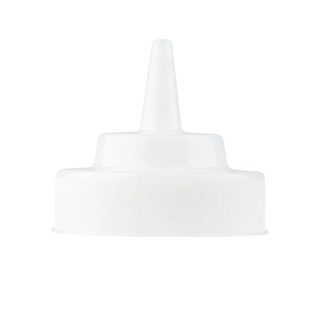 A white plastic squeeze bottle cap, NSF certified and dishwasher safe, with a pointed nozzle. The cylindrical cap fits 63mm WideMouth squeeze bottles and features a ridged lower section for grip and a narrow tip for precise liquid dispensing.