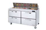 A 60-inch commercial Sandwich Prep Table with four drawers, a two-section glass-covered top displaying sliced vegetables and deli meats, lockable wheels for mobility, and a digital display showing the temperature on the front right.