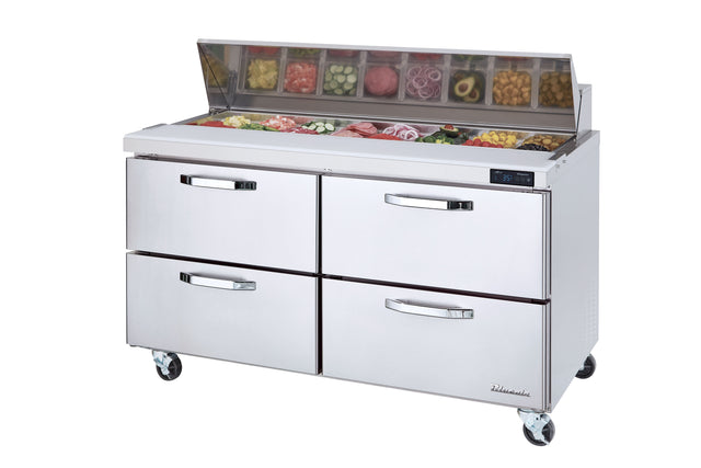 A 60-inch commercial Sandwich Prep Table with four drawers, a two-section glass-covered top displaying sliced vegetables and deli meats, lockable wheels for mobility, and a digital display showing the temperature on the front right.