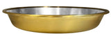 A shallow, round metal dish with a gold accent insert and a shiny silver interior, resembling an ironlite buffet chafer dish. The wide, flat rim and smooth reflective surface stand out against the empty white background.