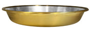 A shallow, round metal dish with a gold accent insert and a shiny silver interior, resembling an ironlite buffet chafer dish. The wide, flat rim and smooth reflective surface stand out against the empty white background.