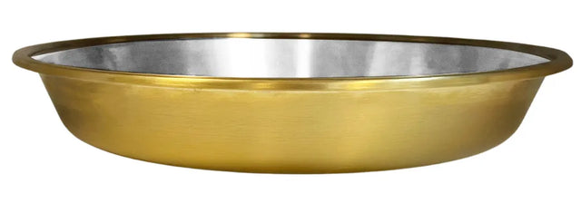 A shallow, round metal dish with a gold accent insert and a shiny silver interior, resembling an ironlite buffet chafer dish. The wide, flat rim and smooth reflective surface stand out against the empty white background.