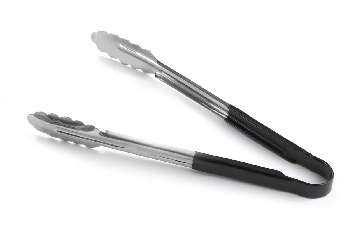 A pair of spring steel kitchen tongs with scalloped edges and black silicone grips on the handles, positioned open on a white background. Dishwasher safe for easy cleaning.