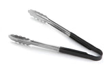 A pair of spring steel kitchen tongs with scalloped edges and black silicone grips on the handles, positioned open on a white background. Dishwasher safe for easy cleaning.