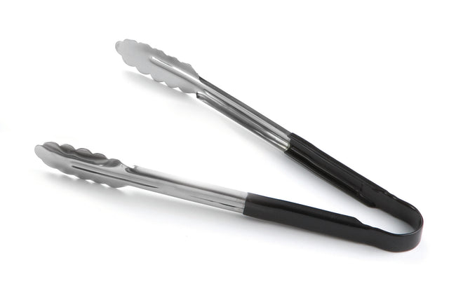 A pair of spring steel kitchen tongs with scalloped edges and black silicone grips on the handles, positioned open on a white background. Dishwasher safe for easy cleaning.