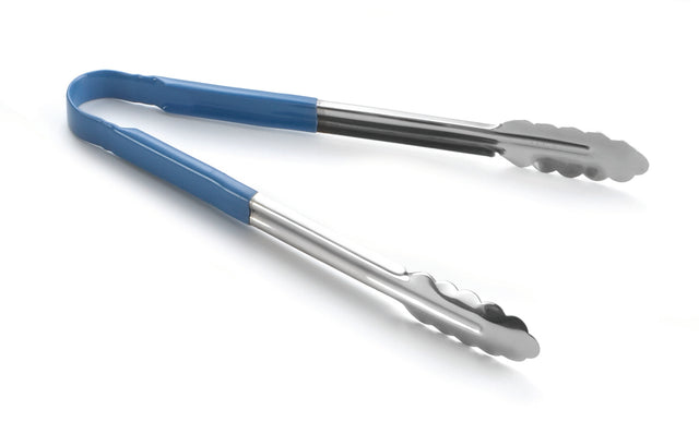 A pair of metal kitchen tongs with scalloped grips and blue vinyl-coated handles is shown on a white background. The tongs are slightly open, displaying their stainless steel construction and ergonomic design.