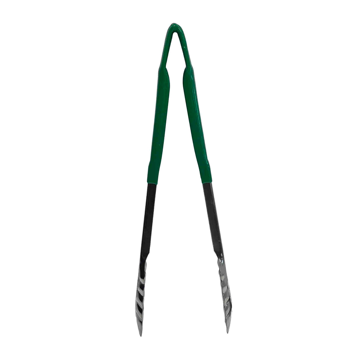 A pair of 12 inch tongs with green plastic-coated handles and scalloped gripping ends, shown standing upright against a white background. These tongs are dishwasher safe for easy cleaning.