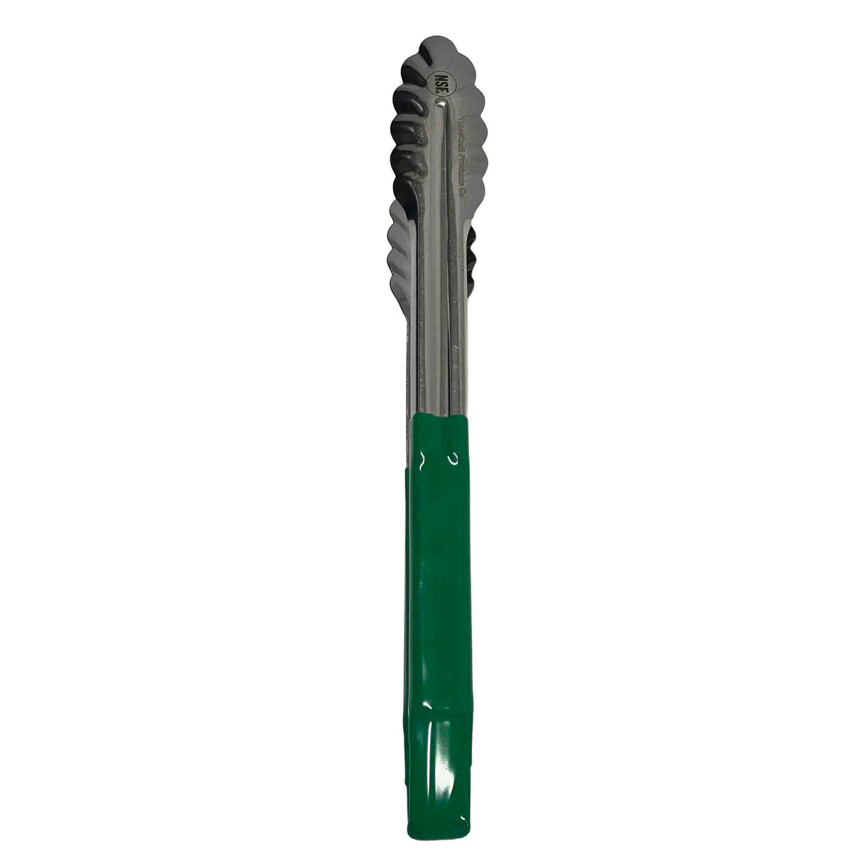 A pair of 12 inch tongs with scalloped edges, closed together. The handles are coated in green plastic for a non-slip grip. These dishwasher safe tongs feature a simple, utilitarian design and are photographed vertically against a plain white background.