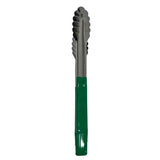 A pair of 12 inch tongs with scalloped edges, closed together. The handles are coated in green plastic for a non-slip grip. These dishwasher safe tongs feature a simple, utilitarian design and are photographed vertically against a plain white background.