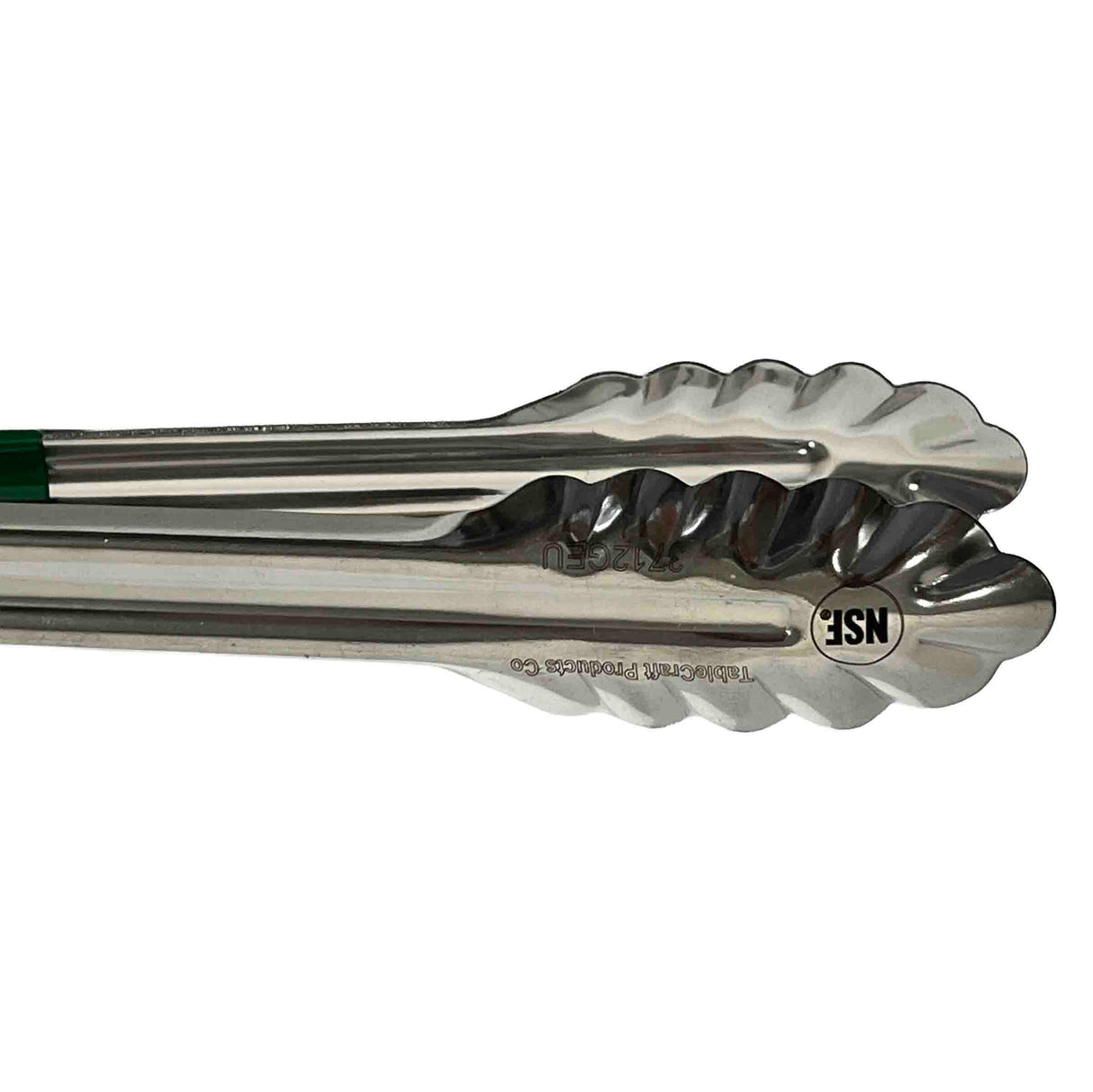 A close-up view of a pair of 12 inch stainless steel kitchen tongs with scalloped gripping edges. The tongs are slightly open, showing an NSF certification mark and indicating they are dishwasher safe for easy cleaning.