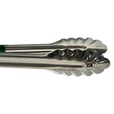 A close-up view of a pair of 12 inch stainless steel kitchen tongs with scalloped gripping edges. The tongs are slightly open, showing an NSF certification mark and indicating they are dishwasher safe for easy cleaning.