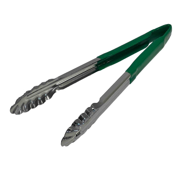 A pair of 12 inch tongs with scalloped edges and green plastic-coated handles, positioned slightly open on a white background. The stainless steel arms have a shiny finish, are connected by a hinge, and are dishwasher safe.