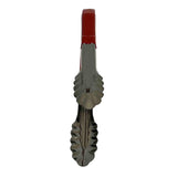 A pair of spring steel kitchen tongs with scalloped edges and red silicone-coated handles, pictured from above against a white background; these dishwasher safe tongs have their handles closed together.