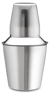 A shiny, stainless steel 8 oz bar shaker with a tapered body and fitted cap sits upright against a plain white background. Its reflective surface gives it a sleek and modern appearance.