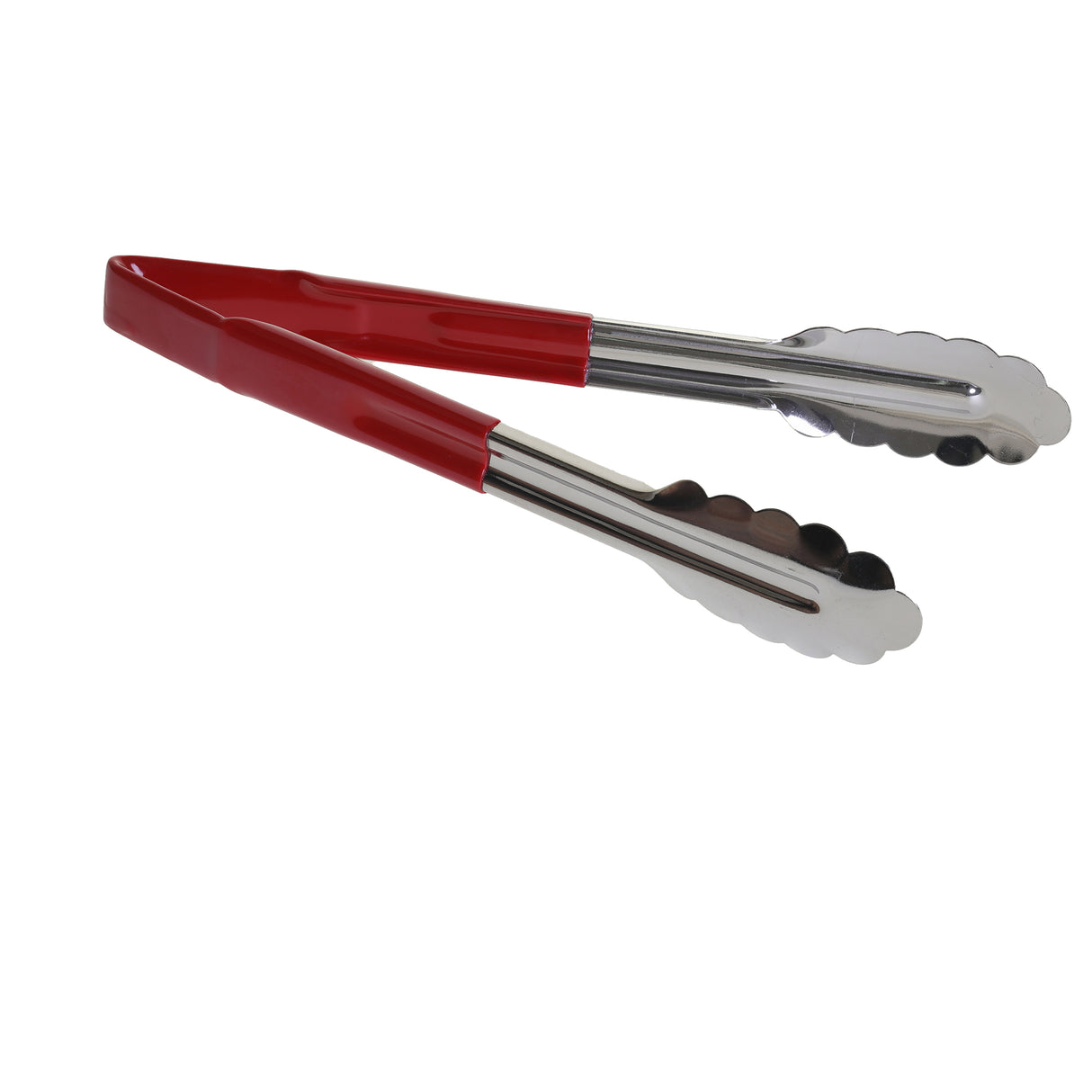 A pair of spring steel tongs with scalloped stainless steel ends and red plastic-coated handles is shown on a white background. The tongs are slightly open, highlighting both gripping ends and the smooth, shiny metal surface.