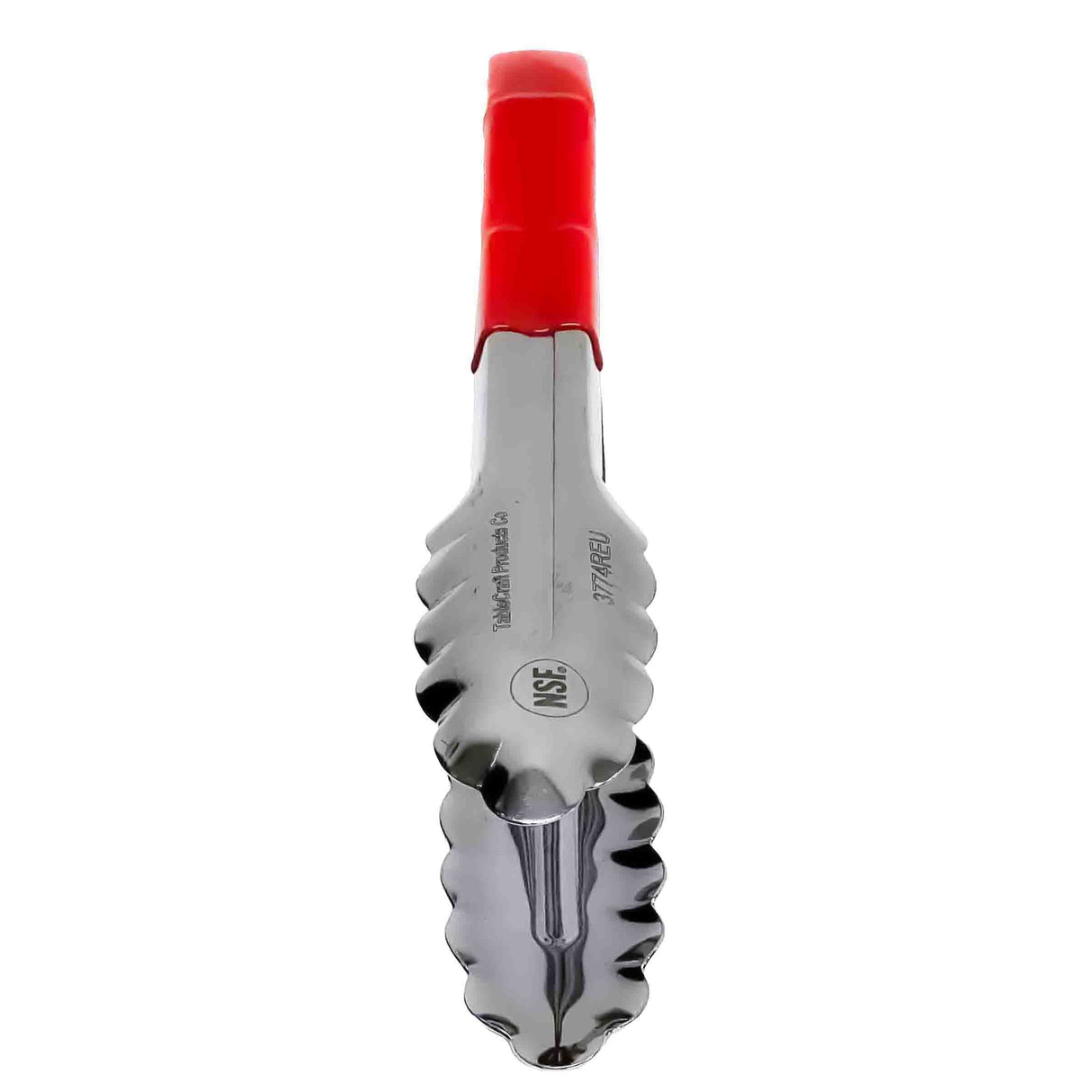A pair of stainless steel spring steel tongs with scalloped edges and a red plastic handle, shown from a top-down perspective with the gripping ends closed together. The metal surface is reflective and stamped with the NSF certification mark.