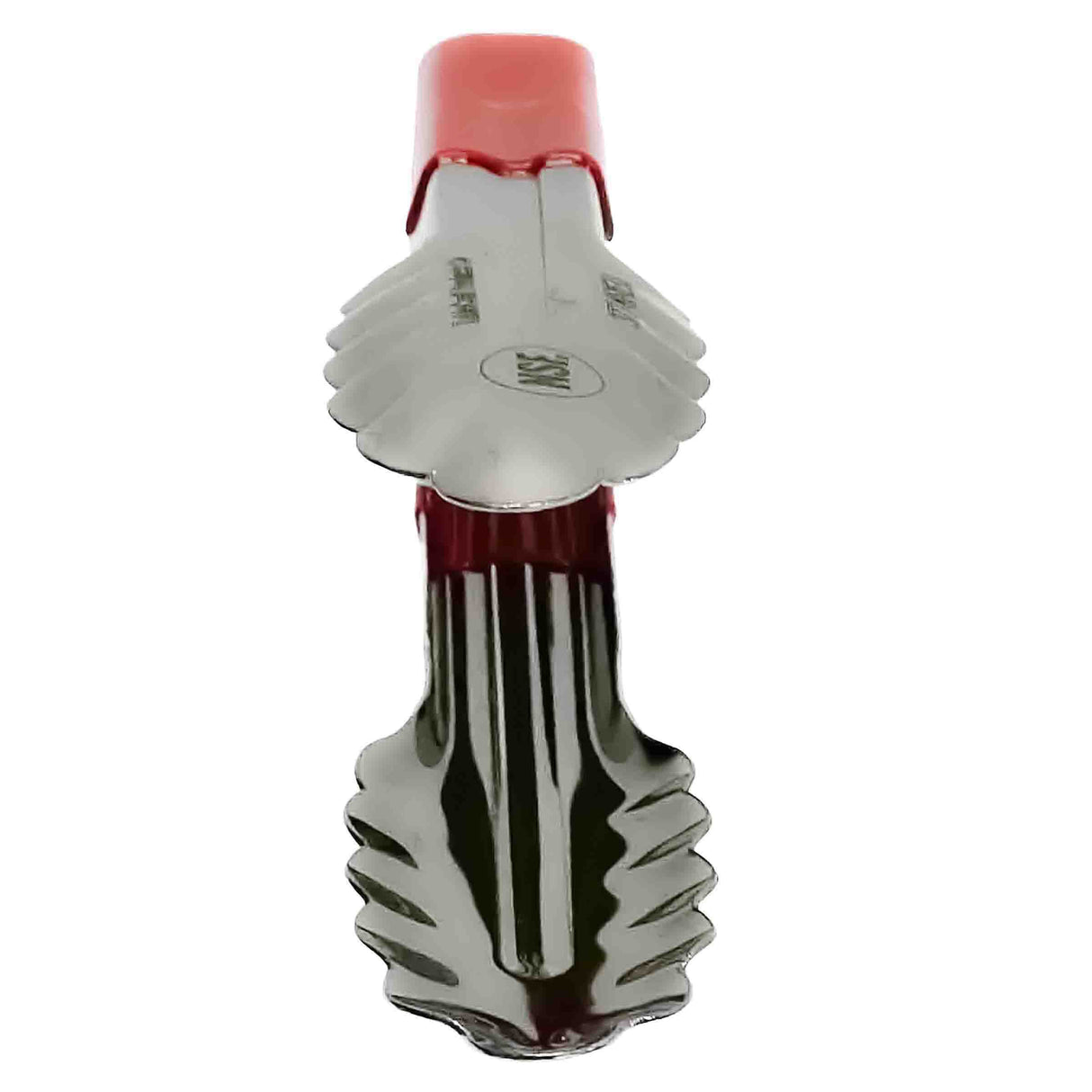 A pair of spring steel tongs with scalloped edges and red silicone grips on the handles, positioned vertically with the gripping ends facing forward. The tongs have a shiny, reflective surface.