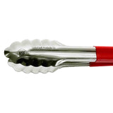 A close-up of spring steel tongs with scalloped edges and red vinyl-coated handles. The shiny metal is stamped with NSF and other text. The tongs are partially closed, clearly displaying their gripping tips.