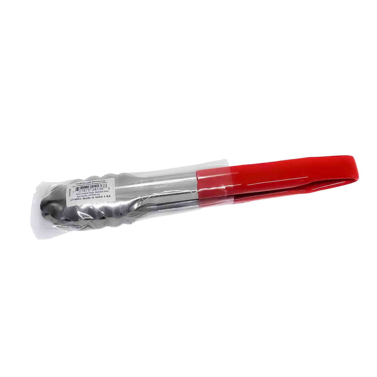 A pair of spring steel tongs with scalloped edges and red silicone grips is packaged in clear plastic wrapping. A white barcode label is attached to one end of the tongs. The background is plain white.