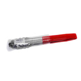 A pair of spring steel tongs with scalloped edges and red silicone grips is packaged in clear plastic wrapping. A white barcode label is attached to one end of the tongs. The background is plain white.
