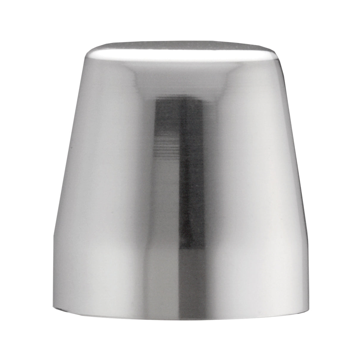 A shiny, metallic, cone-shaped bar shaker with a flat top and wider base is displayed on a white background. The smooth, polished stainless steel surface reflects blurred highlights. This 28 oz shaker appears sleek and professional.