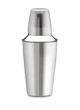 A stainless steel bar shaker with a shiny, reflective surface. The dishwasher safe shaker has two parts: a larger bottom cup and a smaller top cap. It is standing upright against a plain white background.