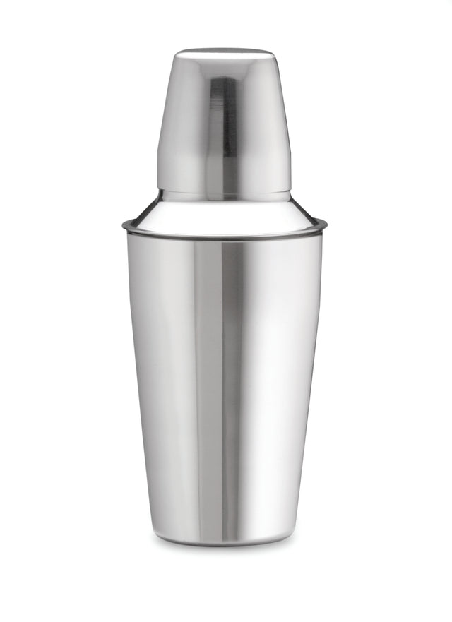 A stainless steel bar shaker with a shiny, reflective surface. The dishwasher safe shaker has two parts: a larger bottom cup and a smaller top cap. It is standing upright against a plain white background.