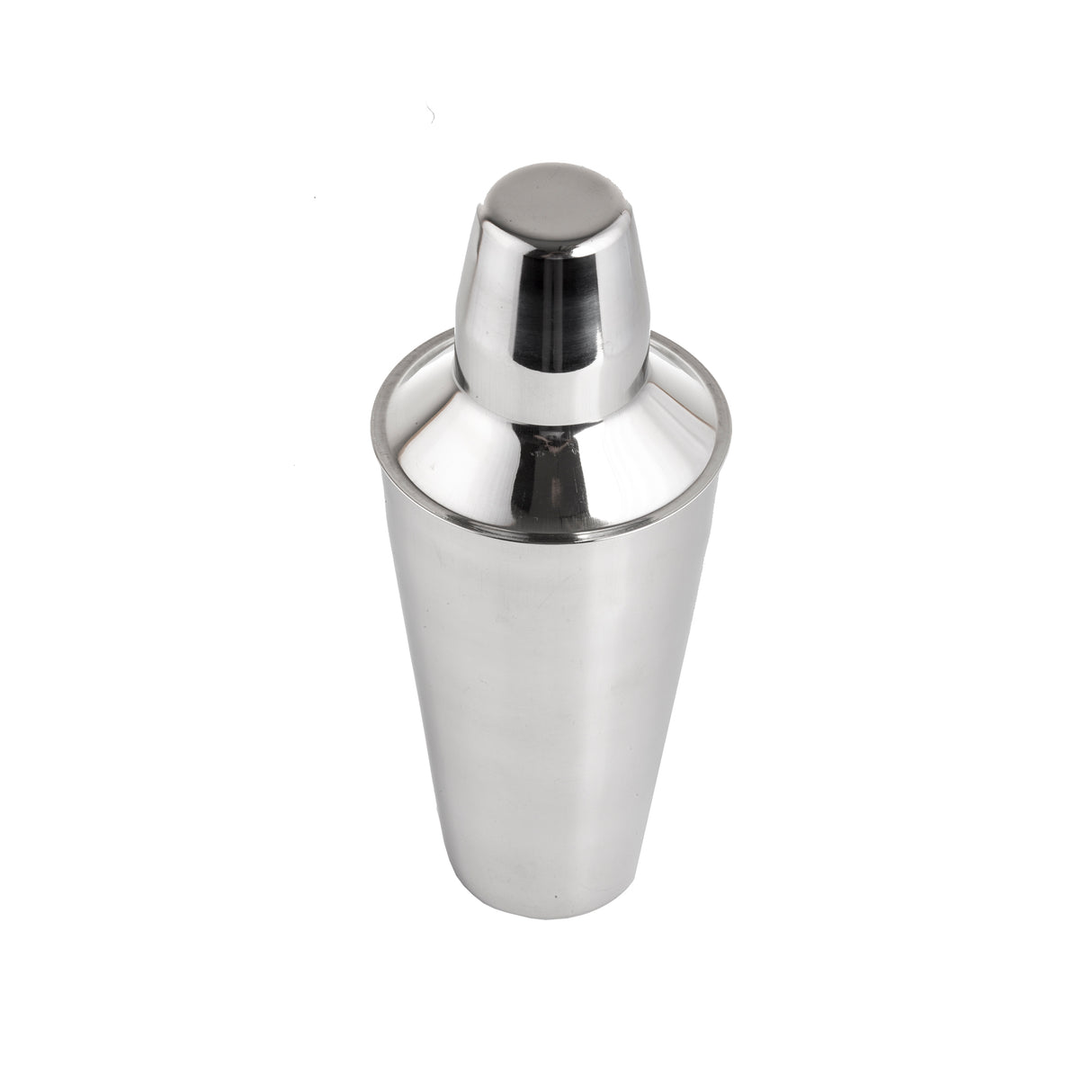 A shiny stainless steel bar shaker with a smooth, tapered body and a rounded, fitted lid stands upright on a white background. The surface reflects light, giving it a polished, modern appearance and it's dishwasher safe for easy cleaning.