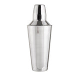 A shiny, 28 oz stainless steel bar shaker with a tapered body and fitted lid, photographed against a plain white background. The metal surface reflects light, giving it a polished, sleek appearance.