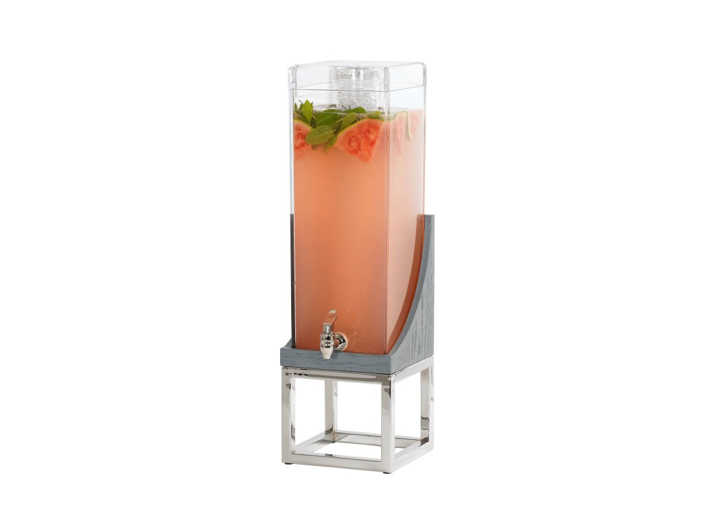 The Ashwood Beverage Dispenser features a tall, clear design with a 3 gallon capacity, filled with pink liquid and garnished with mint and fruit. It sits on a modern metal stand with a silver spigot, perfect for gatherings.