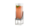 The Ashwood Beverage Dispenser features a tall, clear design with a 3 gallon capacity, filled with pink liquid and garnished with mint and fruit. It sits on a modern metal stand with a silver spigot, perfect for gatherings.