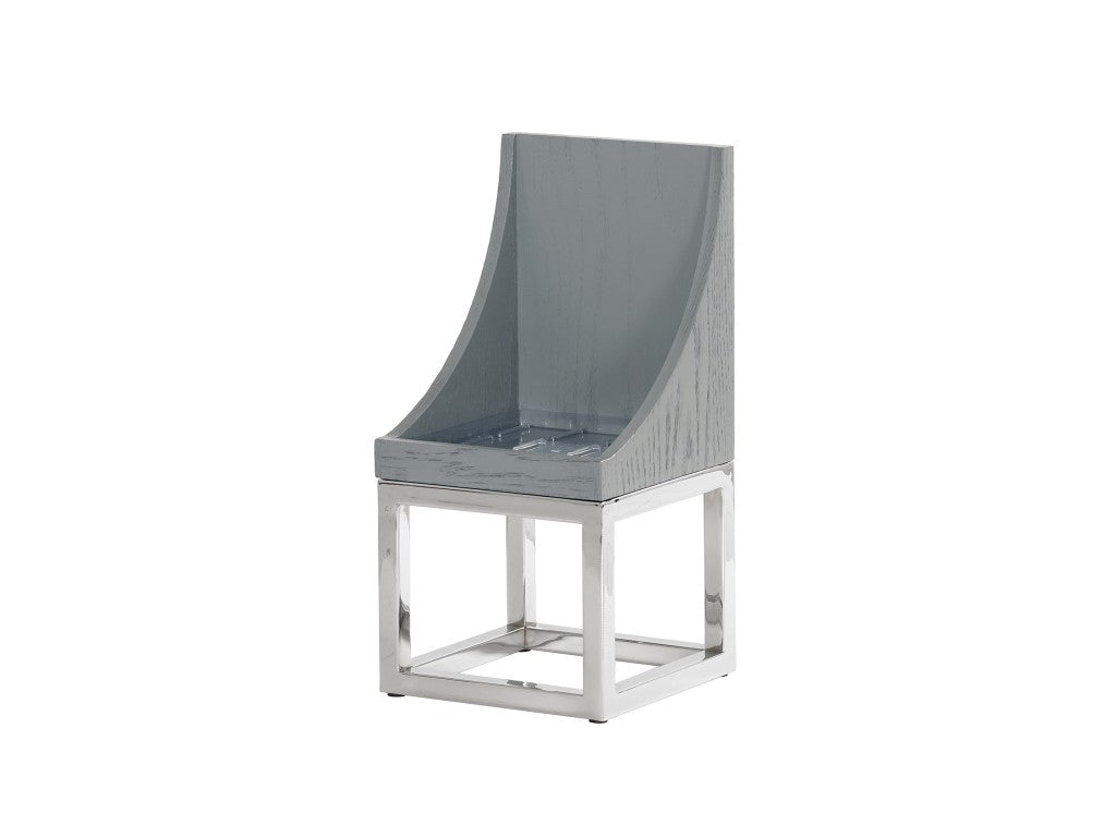A modern chair with a gray, semi-gloss Ashwood seat and backrest, curving smoothly at the sides, supported by a shiny, open-frame metal base with a square design. The background is plain white.
