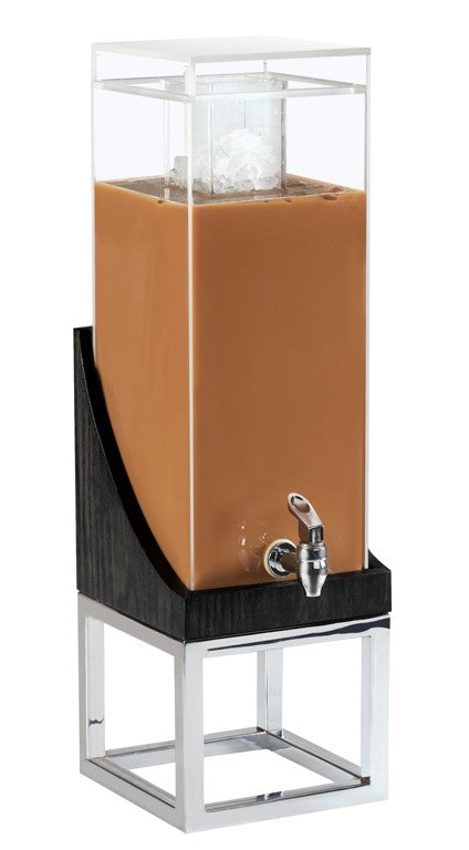 A modern, rectangular 3 gallon beverage dispenser filled with a brown liquid, likely coffee or iced tea. It features a BPA Free clear acrylic container, metal spigot, ice chamber at the top, and a black and silver geometric stand.